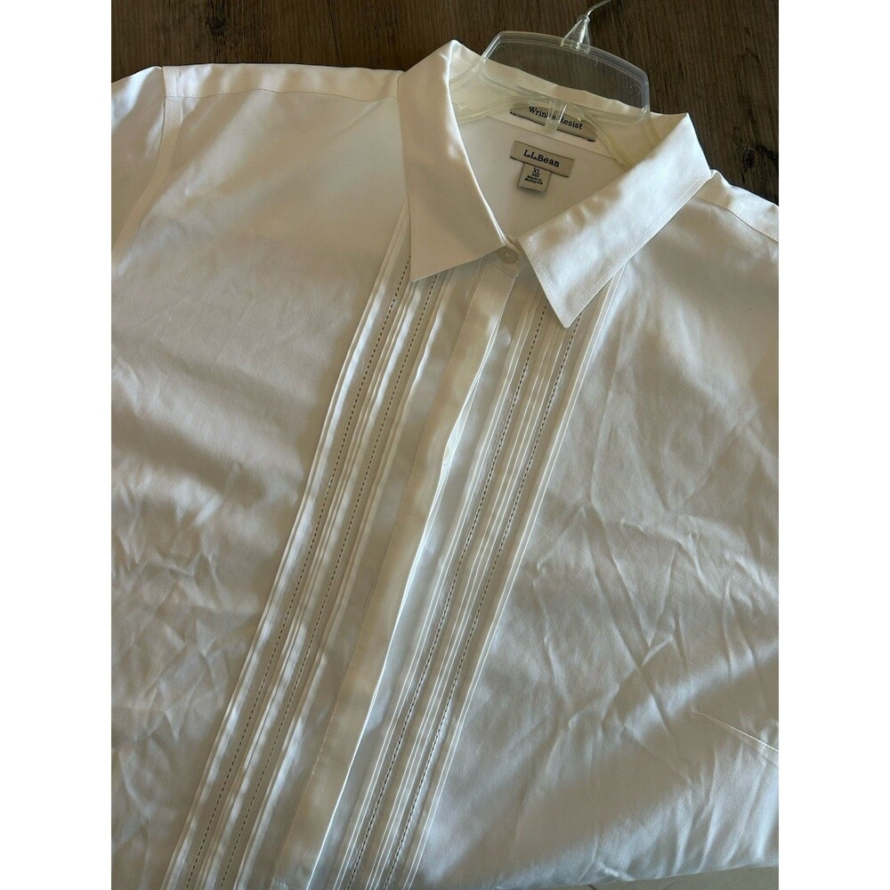 L.L. Bean Women White Pleated Tuxedo Long Sleeve Button Shirt Wrinkle Resist XL